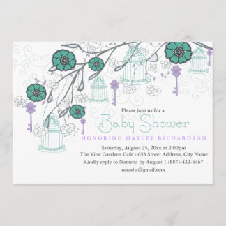 Purple & Aqua Birdcage Baby Shower Invitation