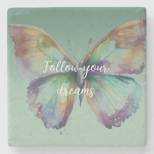 Purple Aqua Blue Gold Mint Butterflies Stone Coaster