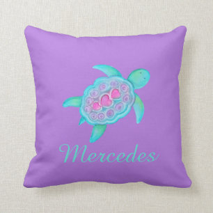 Purple aqua girls name turtle art cushion pillow