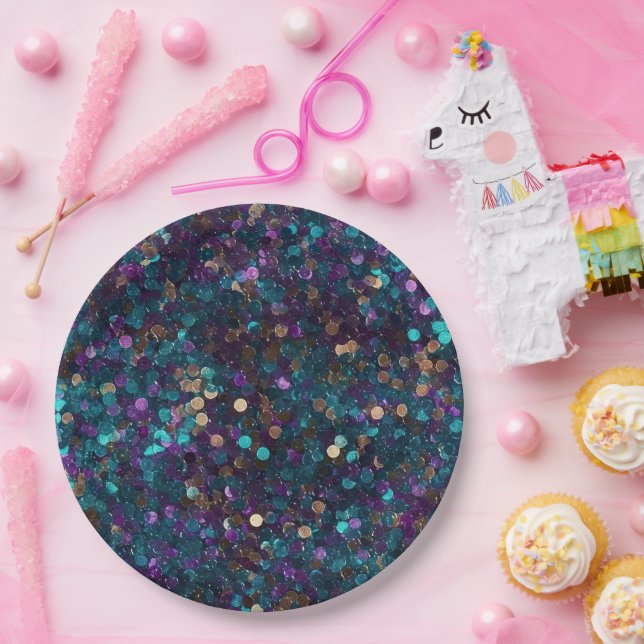 Purple Aqua Glam Gold Mermaid Sparkle Paper Plate (Party)