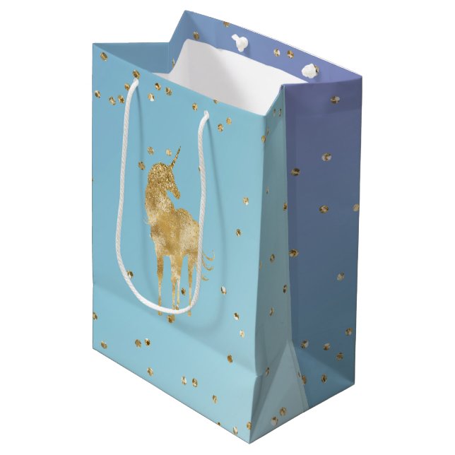 Purple Aqua Gold Sparkle Unicorn   Medium Gift Bag (Front Angled)