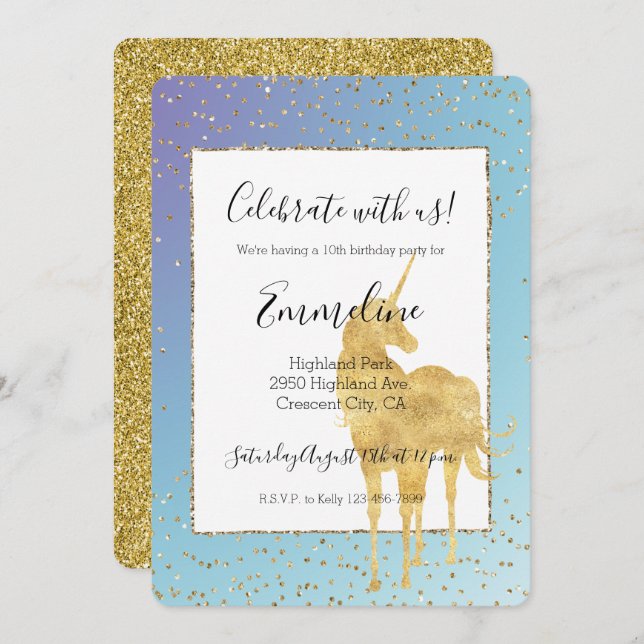 Purple Aqua Gold Unicorn Glitter Sparkle      Invitation (Front/Back)