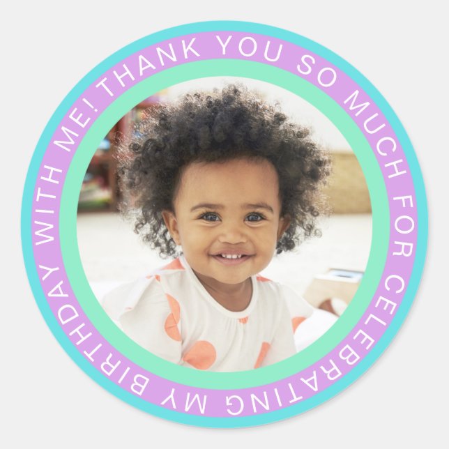 Purple Aqua Kids Photo Birthday Thank You Classic Round Sticker (Front)