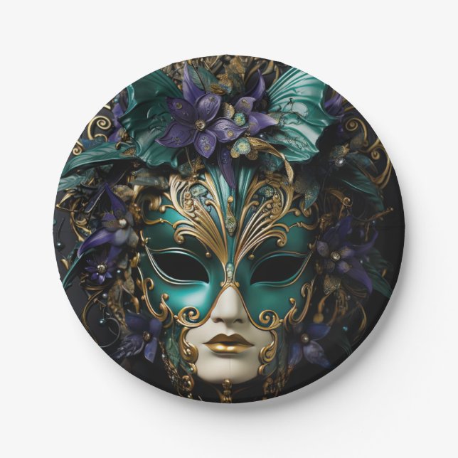 Purple Aqua Masquerade Masks Mardi Gras Drama Paper Plate (Front)