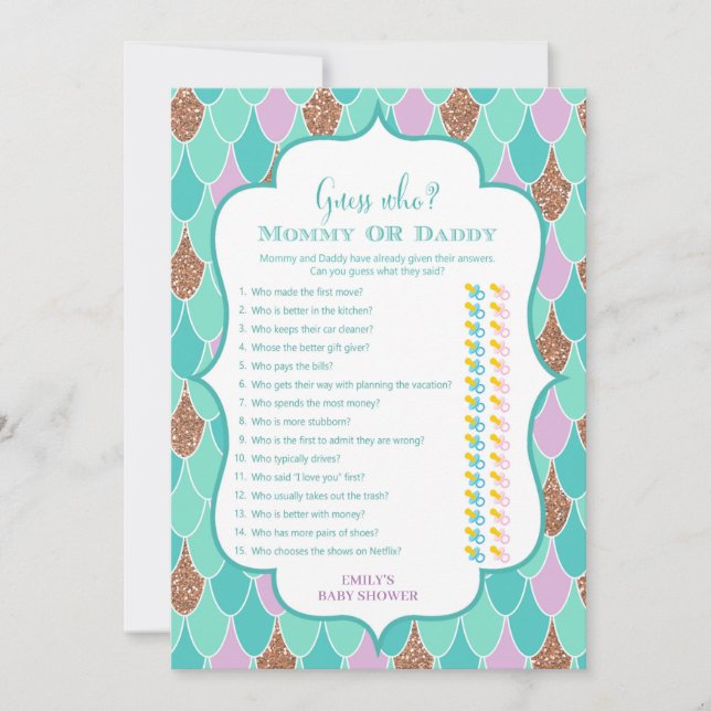 Purple Aqua Mermaid Baby Shower Game Invitation (Front)