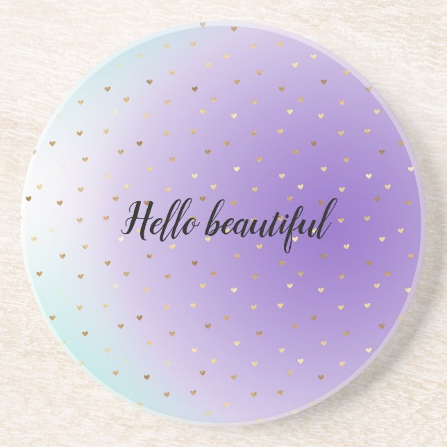 Purple Aqua Ombre Gold Hearts Coaster (Front)