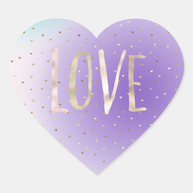 Purple Aqua Ombre Gold Hearts Love Heart Sticker (Front)