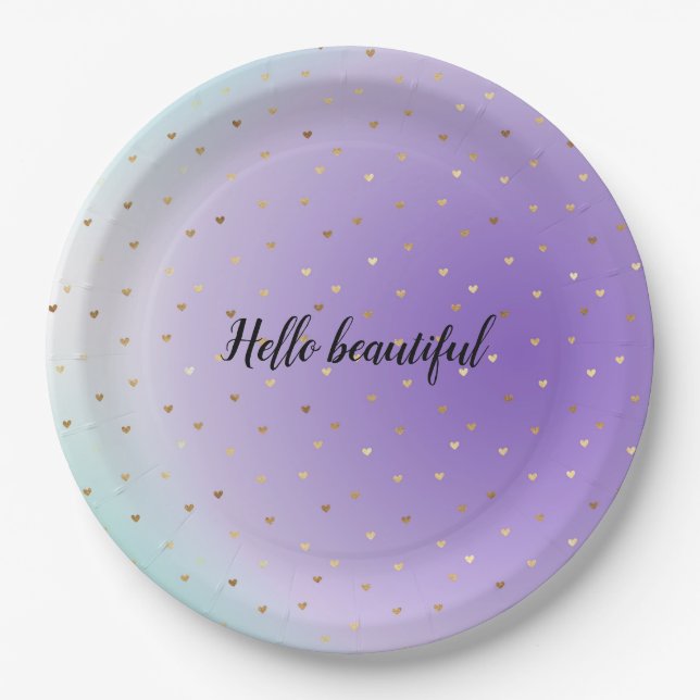 Purple Aqua Ombre Gold Hearts personalised Paper Plate (Front)