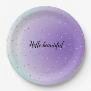 Purple Aqua Ombre Gold Hearts personalized Paper Plate