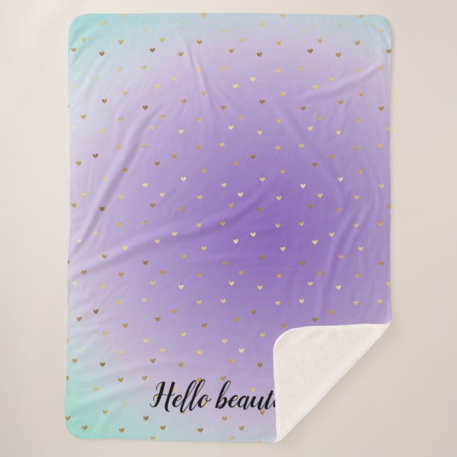 Purple Aqua Ombre Gold Hearts Sherpa Blanket (Front)