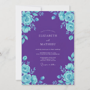 Purple Aqua Painterly Blossom Wedding Invitation