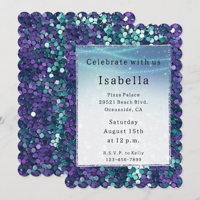Purple Aqua Sparkle Glitzy Mermaid Birthday Invitation (Front/Back)