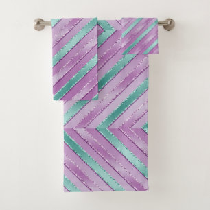 PURPLE & AQUA TURQUOISE DIAGNONAL STRIPES BATH TOWEL SET