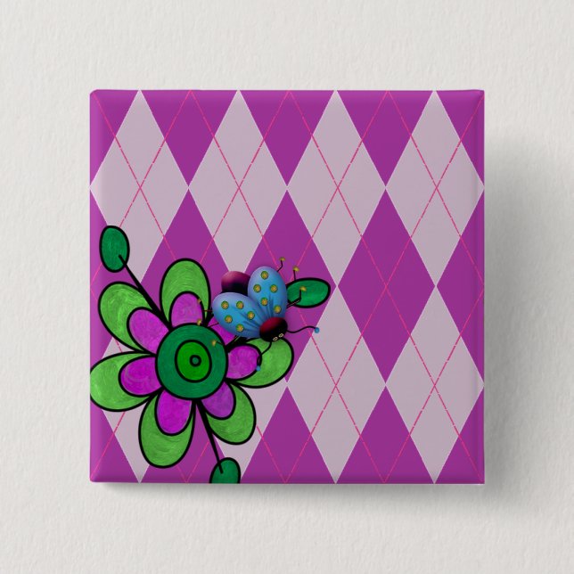 Purple Argyle Ladybug & Flower 15 Cm Square Badge (Front)