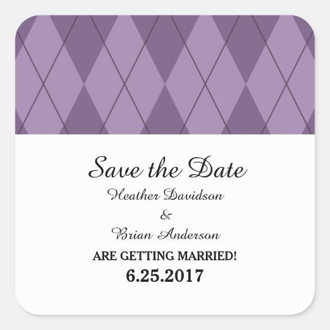 Purple Argyle Save the Date Stickers (Front)