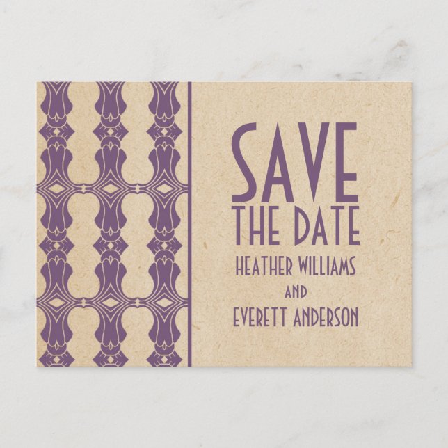 Purple Art Deco Border Save the Date Postcard (Front)
