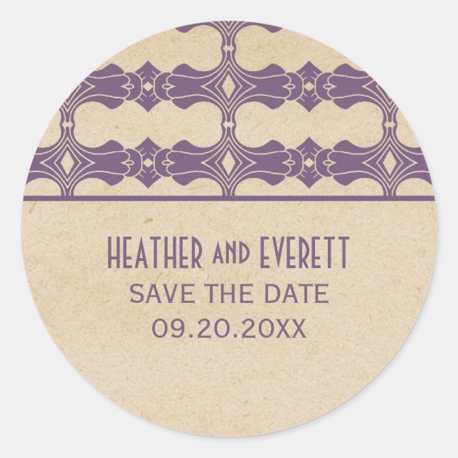 Purple Art Deco Border Save the Date Stickers (Front)