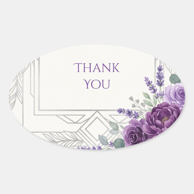 Purple Art Deco Floral Thank You Sticker (Front)