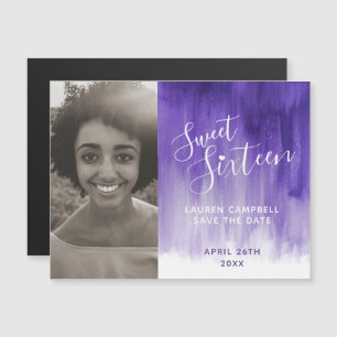 Purple art sweet sixteen photo save the date magnetic invitation