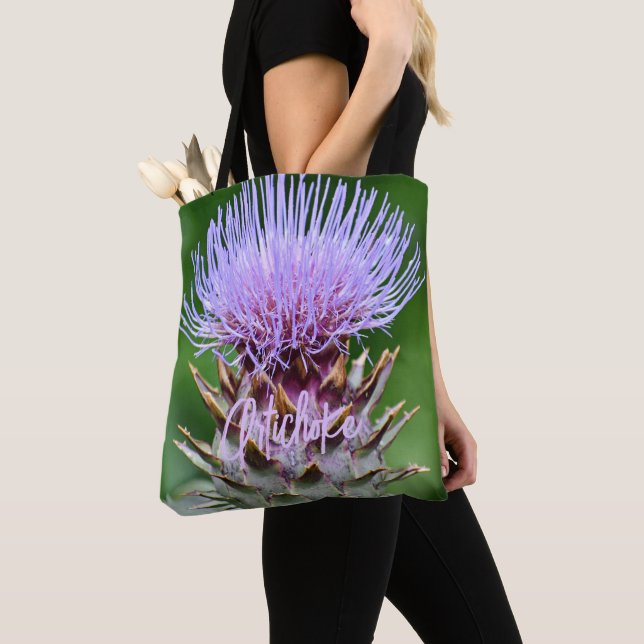 Purple Artichoke Thistle Head Floral Tote Bag (Close Up)
