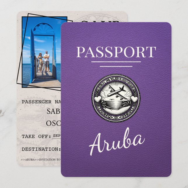 Purple Aruba Passport Save The Date (Front/Back)