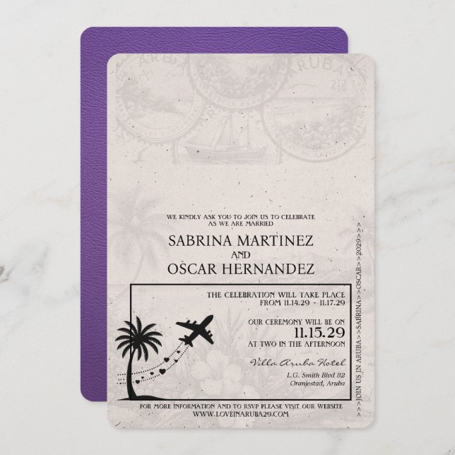 Purple Aruba Passport Wedding Invitation (Front/Back)