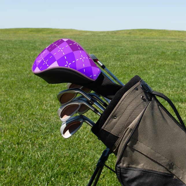Purple Arygle with White Stitching Personalised Golf Head Cover (In Situ)