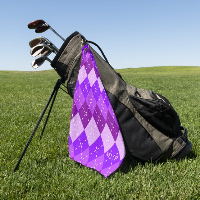 Purple Arygle with White Stitching Personalised Golf Towel (Green)