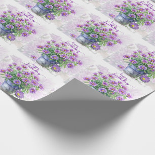 Purple Aster Flowers in a Pot Happy Birthday Wrapping Paper