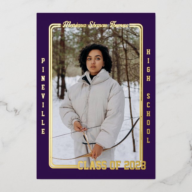Purple Athlete Card Foil Graduation Announcement (Front)