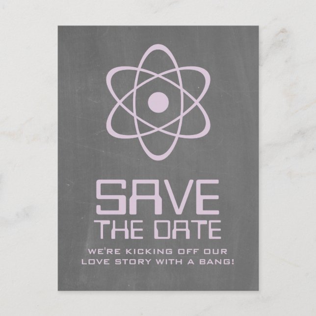 Purple Atomic Chalkboard Save the Date Postcard (Front)