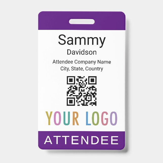 Purple Attendee Badge Event Guest QR Code Logo ID Badge (Front)