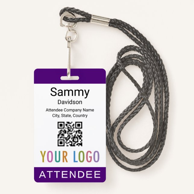 Purple Attendee Badge Event Guest QR Code Logo ID Badge (Front with Lanyard)