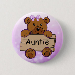 Purple Auntie Teddy Bear Baby Shower 6 Cm Round Badge