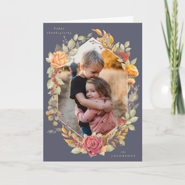 Purple Autumnal Florals Thanksgiving Photo Card (Front)