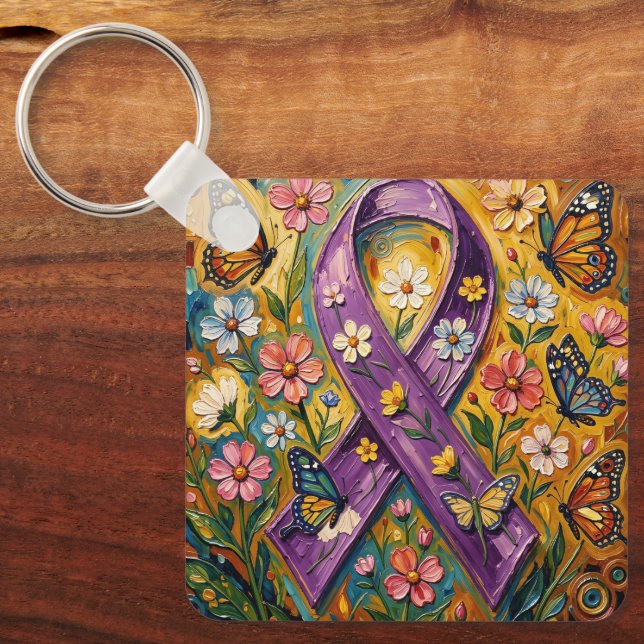 Purple Awareness Ribbon Fibro Key Ring (Front)