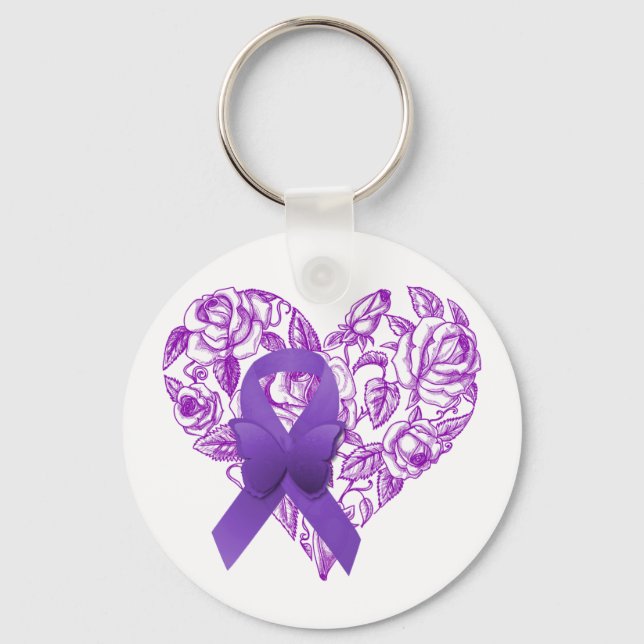 Purple Awareness Ribbon with Roses Key Ring (Front)