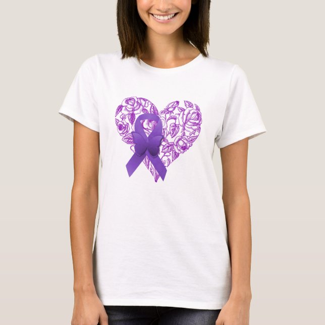 Purple Awareness Ribbon with Roses T-Shirt (Front)