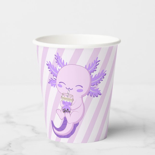 Purple Axolotl Boba Tea Kids Birthday Party Paper Cups (Front)