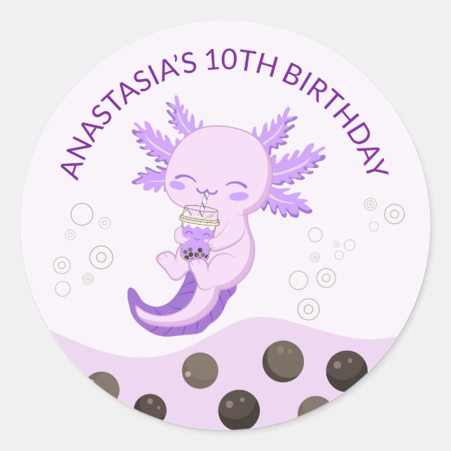 Purple Axolotl Bubble Milk Boba Tea Birthday Party Classic Round Sticker (Front)