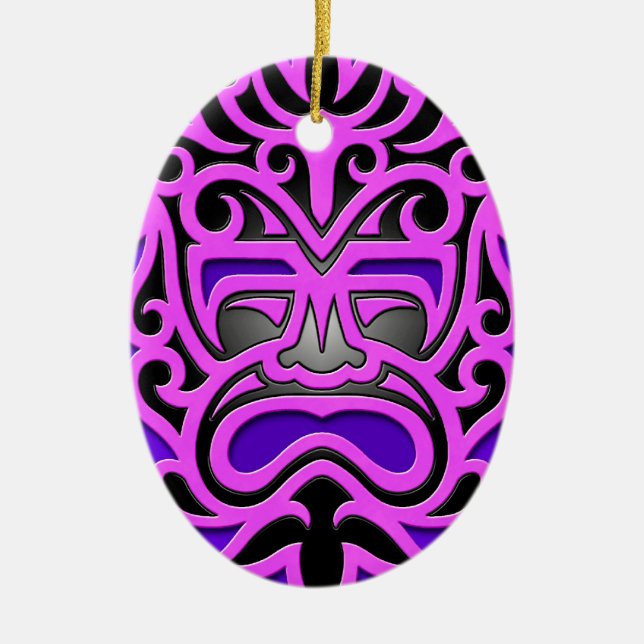 Purple Aztec Mask Ceramic Tree Decoration (Front)