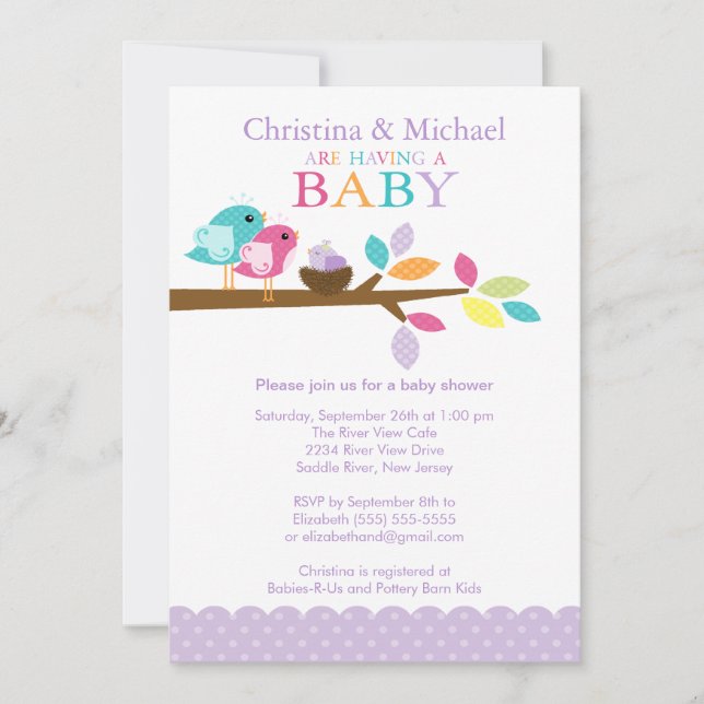 Purple Baby Bird Nest Baby Shower Invitations (Front)