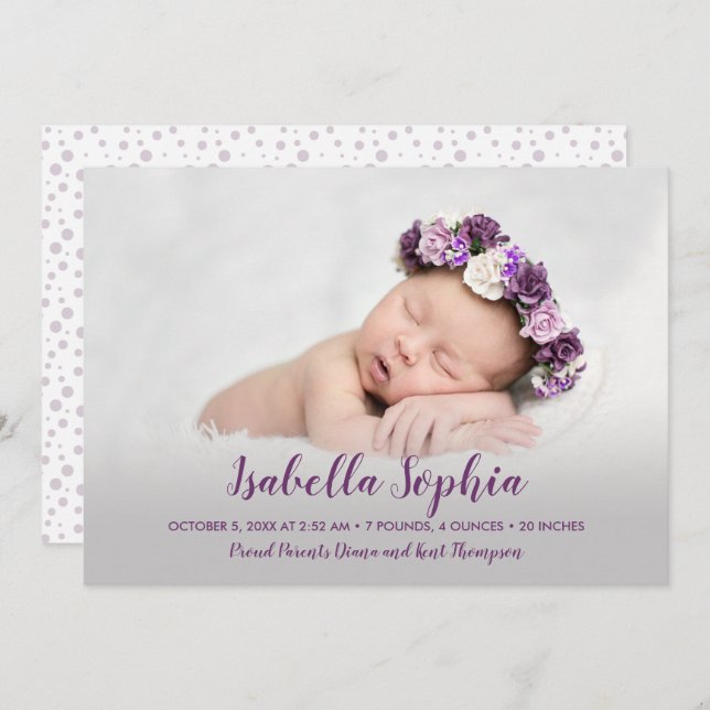 Purple Baby Girl Photo Birth Announcement (Front/Back)