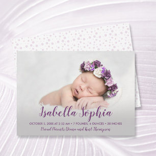 Purple Baby Girl Photo Birth Announcements