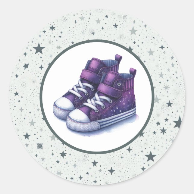 Purple Baby High Tops Baby Shower Classic Round Sticker (Front)