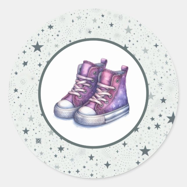 Purple Baby High Tops Baby Shower Classic Round Sticker (Front)