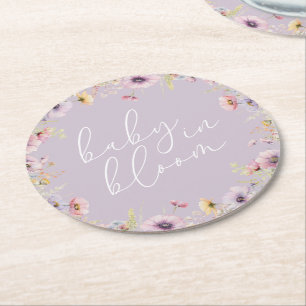Purple Baby In Bloom Floral Wildflower Baby Shower Round Paper Coaster