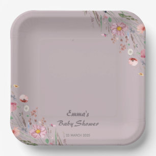 Purple Baby in Bloom Wildflower Baby Shower Paper Plate