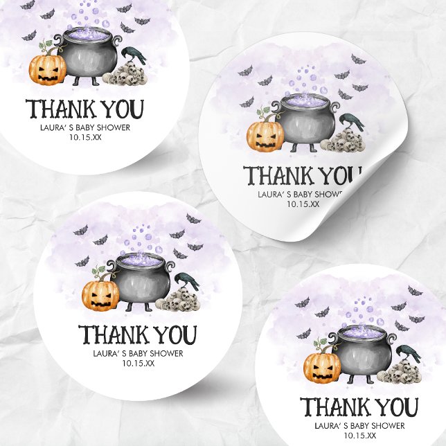 Purple Baby is Brewing Halloween Baby Shower Classic Round Sticker (A Baby is Brewing Purple Halloween Baby Shower Round Sticker)