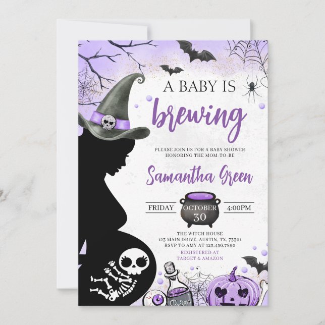 Purple Baby is Brewing Halloween Baby Shower Invitation (Front)
